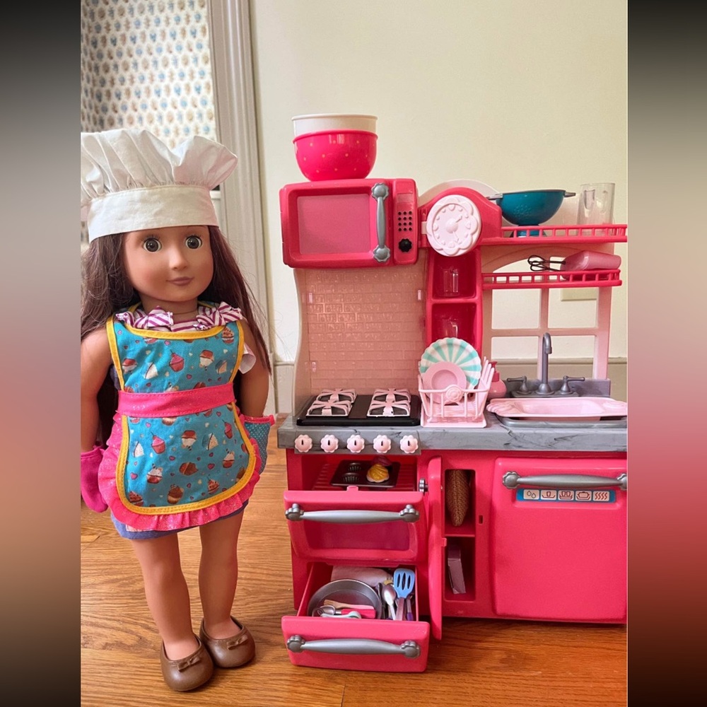 Our Generation Doll Kitchen, Fridge Baking Set + Accessories